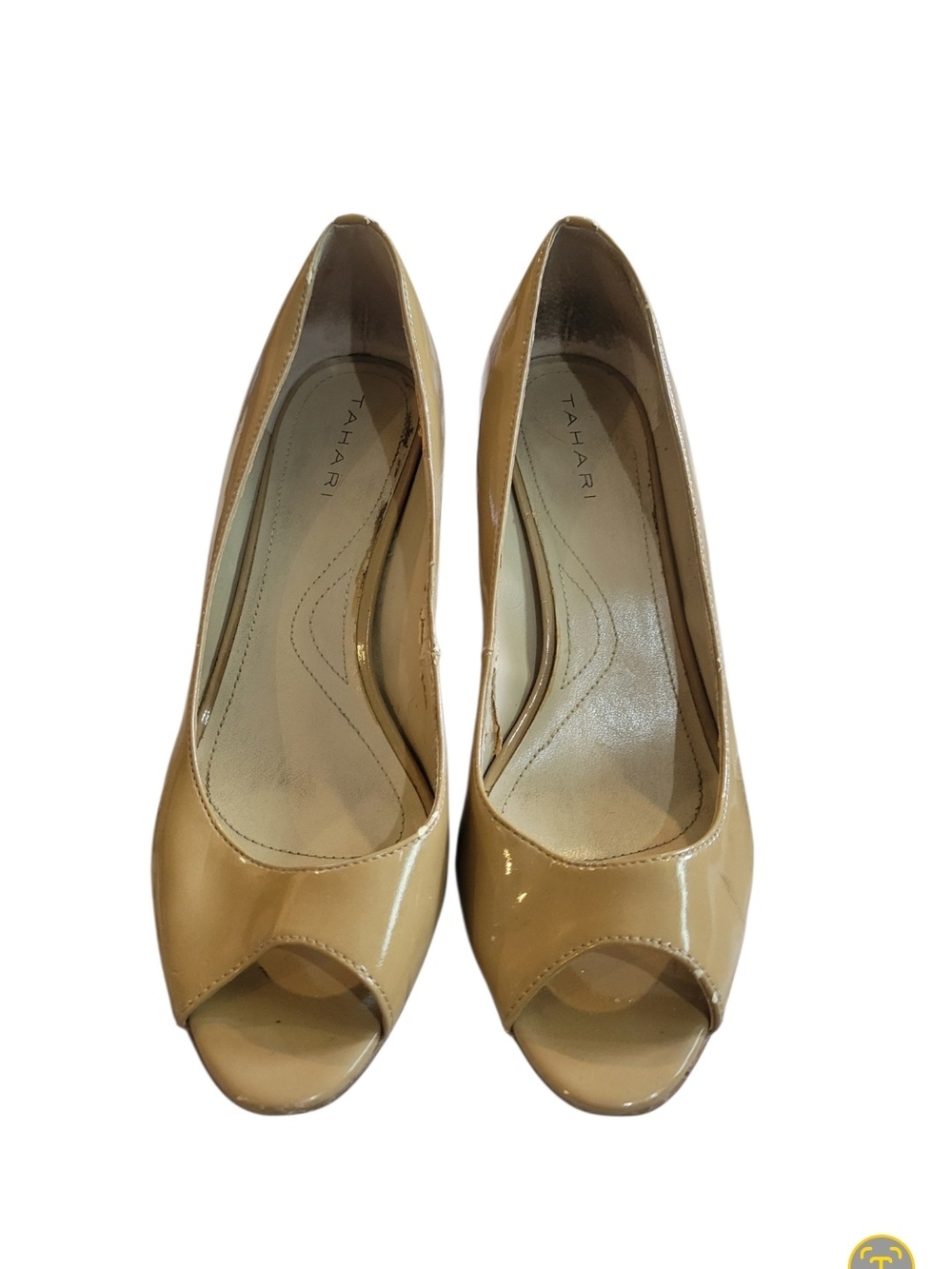 Tahari Beige Patent Peep-Toe Heels